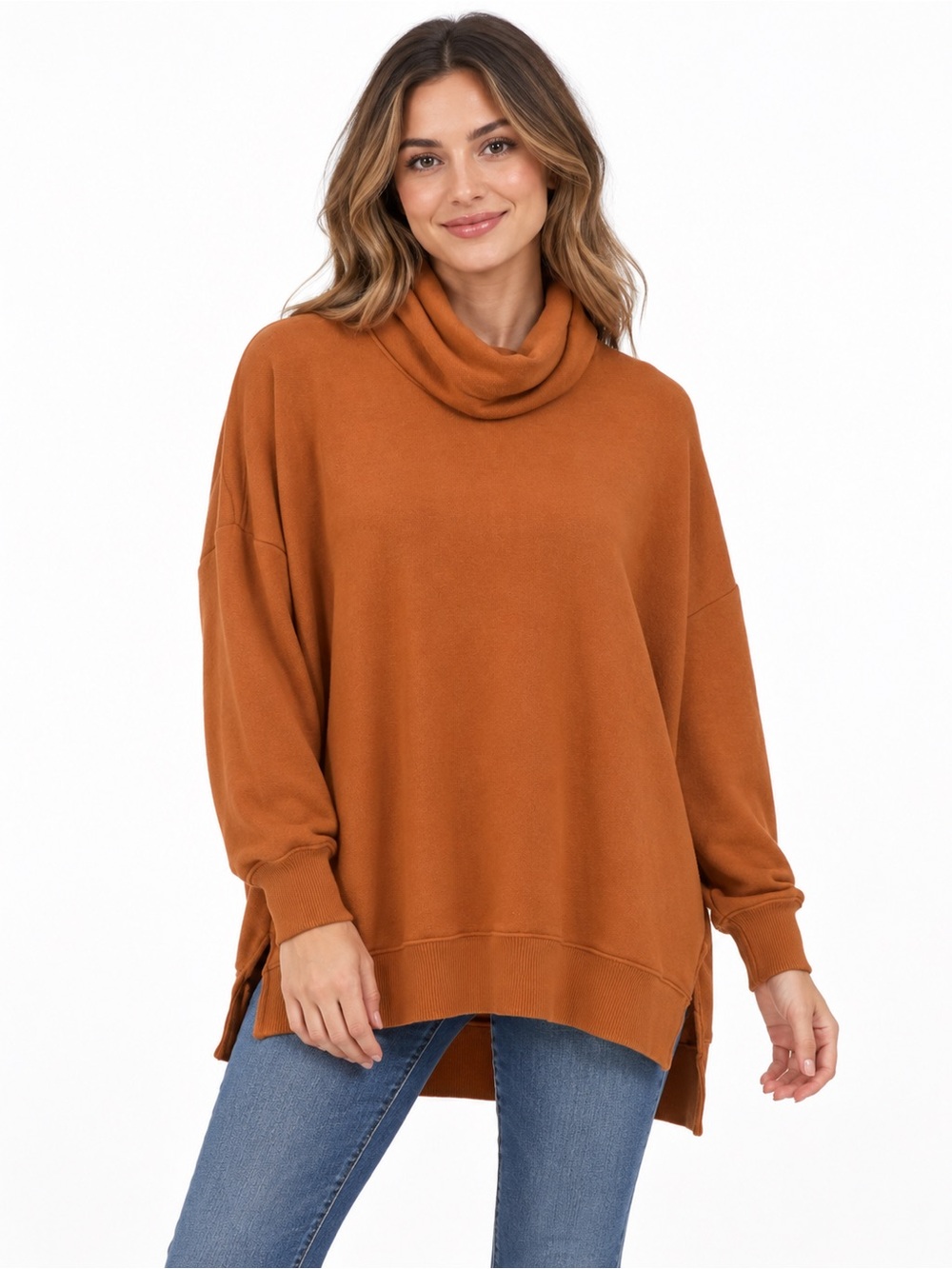 Cozy Turtleneck Oversized Sweater in Rust - 1087